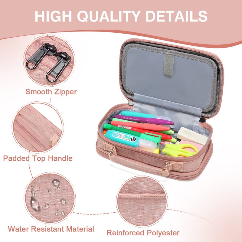 VASCHY Pencil Case, Large Pencil Pouch with Compartments for Middle School,Work,Office Pen Organizer Holder School Supply Pink - Image 4